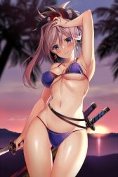 Rule 34 | 1girl, bad id, bad twitter id, bikini, blue eyes, blurry, blurry background, blush, breasts, cleavage, cowboy shot, earrings, fate/grand order, fate (series), groin, hair ornament, hand on own head, harimoji, holding, holding sword, holding weapon, jewelry, katana, large breasts, long hair, looking at viewer, miyamoto musashi (fate), multiple swords, navel, palm tree, pink hair, ponytail, purple bikini, smile, solo, stomach, sunset, swimsuit, sword, tree, weapon, wet
