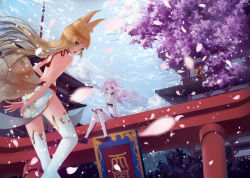 Rule 34 | 2girls, animal ears, architecture, bare arms, bare back, bare shoulders, bichon168, blonde hair, building, cherry blossoms, dress, east asian architecture, fox ears, green eyes, long hair, long sleeves, multiple girls, multiple tails, open mouth, original, petals, pink hair, red eyes, shoes, sitting, tail, thighhighs, torii, tree