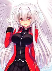 Rule 34 | 1girl, :d, angel, angel wings, arm up, black shirt, black skirt, blush, breasts, commentary request, feathered wings, feathers, gloves, gold trim, hair between eyes, hair flaps, hair intakes, highres, jacket, large breasts, long hair, long sleeves, looking at viewer, murasame shia, open clothes, open jacket, open mouth, original, pleated skirt, red eyes, red jacket, shirt, sidelocks, silver hair, skirt, smile, solo, twitter username, very long hair, white feathers, white gloves, white wings, wings