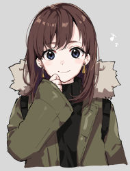 Rule 34 | 1girl, arisaka ako, black sweater, blue eyes, blush, brown hair, closed mouth, coat, commentary, earrings, eighth note, fur coat, grey background, hand up, jewelry, looking at viewer, musical note, open clothes, open coat, original, simple background, sleeves past wrists, smile, solo, sweater, turtleneck, turtleneck sweater, upper body