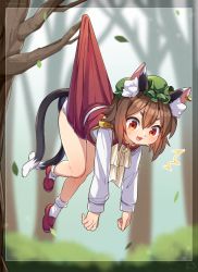 Rule 34 | :3, animal ear fluff, animal ears, blouse, branch, brown hair, cat ears, cat tail, chen, commentary request, dress, green hat, hair between eyes, hanging, hat, highres, ibaraki natou, leaf, long sleeves, looking at viewer, mary janes, mob cap, multiple tails, nekomata, open mouth, orange eyes, panties, red dress, red footwear, shirt, shoes, short hair, socks, surprised, sweatdrop, tail, thighs, touhou, tree, two tails, underwear, white footwear, white panties, white shirt, yellow neckwear