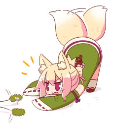 Rule 34 | 1girl, afterimage, animal ears, blonde hair, blush, brown footwear, cattail, detached sleeves, dress, folded ponytail, fox ears, fox girl, fox tail, full body, green dress, green sleeves, hair between eyes, hair bun, hair ornament, highres, kemomimi-chan (naga u), long sleeves, naga u, notice lines, open mouth, original, plant, red eyes, ribbon-trimmed sleeves, ribbon trim, shadow, single hair bun, sleeveless, sleeveless dress, sleeves past fingers, sleeves past wrists, socks, solo, tail, tail wagging, top-down bottom-up, v-shaped eyebrows, wavy mouth, white background, white socks