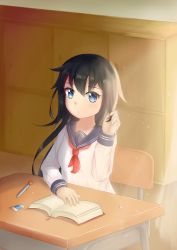 Rule 34 | 1girl, :&lt;, absurdres, black hair, blue eyes, blush, book, chair, classroom, closed mouth, commentary request, desk, eraser, feiyyx, hair between eyes, twirling hair, highres, indoors, long hair, long sleeves, looking at viewer, neckerchief, on chair, open book, original, pencil, petals, red neckerchief, school, school chair, school desk, school uniform, serafuku, shirt, sitting, solo, very long hair, white shirt
