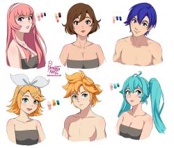 Rule 34 | 2boys, 4girls, ahoge, aqua eyes, aqua hair, bare pectorals, blue eyes, blue hair, bow, breasts, brown eyes, brown hair, collarbone, curly hair, eyelashes, hair between eyes, hair bow, hair ornament, hairband, hairclip, hatsune miku, highres, kagamine len, kagamine rin, kaito (vocaloid), long hair, medium breasts, megurine luka, meiko (vocaloid), multiple boys, multiple girls, open mouth, parted lips, pectorals, piapro, pimienta kast, pink hair, pink lips, red lips, short hair, short ponytail, sidelocks, small breasts, strapless, swept bangs, toned, toned male, tube top, twintails, vocaloid, white bow