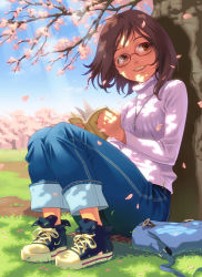 Rule 34 | 1girl, book, brown eyes, brown hair, cherry blossoms, converse, dappled sunlight, denim, face, glasses, jeans, no socks, original, pairan, pants, shoes, sitting, smile, sneakers, solo, sunlight, sweater, tree, turtleneck
