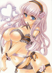 Rule 34 | 1girl, absurdres, black panties, blue eyes, blush, bracelet, breasts, convenient censoring, flower, gift wrapping, hair flower, hair ornament, heart, highres, jewelry, large breasts, long hair, marker (medium), megurine luka, mouth hold, navel, panties, ribbon, ribbon in mouth, side-tie panties, solo, thigh strap, topless, traditional media, underwear, valentine, very long hair, vocaloid, yurun