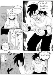 Rule 34 | absurdres, anger vein, aura, bra (dragon ball), clenched hands, comic, commentary request, dragon ball, dragonball z, drugged, emphasis lines, english text, engrish text, facial mark, forehead mark, glasses, greyscale, hairband, highres, hood, hoodie, marron (dragon ball), monochrome, open mouth, pink mousse, ranguage, smile, son goten, strapless, trunks (dragon ball), tube top, wristband