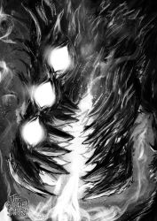 Rule 34 | artist name, breath weapon, breathing fire, commentary, english commentary, fire, greyscale, highres, monochrome, monster, no humans, one-punch man, overgrown rover, the golden smurf