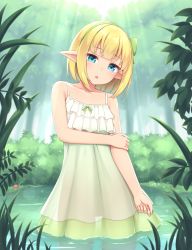 Rule 34 | 1girl, bare arms, bare shoulders, blonde hair, blue eyes, blunt bangs, bush, collarbone, commentary, day, dress, elf, flat chest, grass, green dress, looking at viewer, nature, open mouth, original, outdoors, pointy ears, sasaame, short hair, sleeveless, sleeveless dress, solo, sunlight, tree, wading, water