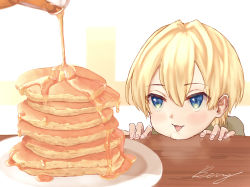 Rule 34 | 1boy, :p, blonde hair, blue eyes, blush, butter, child, food, hair between eyes, male focus, original, pancake, pancake stack, plate, signature, solo, syrup, takanoberii, tongue, tongue out