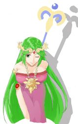Rule 34 | 1girl, alternate color, alternate costume, ancient greek clothes, armlet, bare shoulders, breasts, chiton, dress, forehead jewel, gold, green hair, jewelry, kid icarus, kid icarus uprising, large breasts, laurel crown, long hair, neck ring, necklace, nintendo, palutena, parted bangs, pendant, pink dress, side slit, solo, staff, strapless, strapless dress, super smash bros., vambraces, very long hair