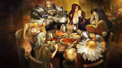 Rule 34 | 3boys, 3girls, abs, absurdres, alcohol, amazon (dragon&#039;s crown), apple, armor, bar (place), beard, beer, bikini armor, blonde hair, book, braid, breasts, head rest, circlet, cleavage, crossed arms, crystal ball, dragon&#039;s crown, drinking, dwarf (dragon&#039;s crown), elf (dragon&#039;s crown), everyone, facial hair, feathers, fighter (dragon&#039;s crown), food, fruit, full armor, game cg, highres, hood, hood down, huge breasts, kamitani george, knife, large breasts, long hair, meat, multiple boys, multiple girls, muscular, muscular female, no headwear, no headwear, no headwear, official art, pointy ears, sorceress (dragon&#039;s crown), table, tattoo, thick thighs, thighs, vanillaware, white hair, wizard (dragon&#039;s crown)