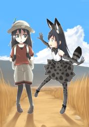 Rule 34 | 10s, 2girls, :d, alternate color, animal ears, backpack, bag, black gloves, black hair, black legwear, blue sky, boots, bow, bowtie, cloud, cosplay, day, elbow gloves, frankseven, gloves, green eyes, hat, hat feather, highres, kaban (kemono friends), kaban (kemono friends) (cosplay), kemono friends, kuroki tomoko, long hair, looking at another, multiple girls, open mouth, outdoors, outline, outstretched arms, pantyhose, pantyhose under shorts, print gloves, print legwear, print neckwear, print skirt, red shirt, satozaki kiko, savannah, serval (kemono friends), serval (kemono friends) (cosplay), serval print, serval tail, shirt, shoes, short sleeves, shorts, skirt, sky, sleeveless, sleeveless shirt, smile, spread arms, sweatdrop, tail, triangle mouth, watashi ga motenai no wa dou kangaetemo omaera ga warui!, white hat, white outline, white shirt, white shorts