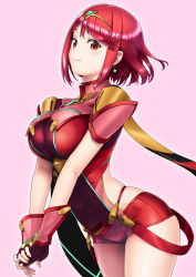 Rule 34 | 1girl, arched back, arm guards, blush, breasts, brown eyes, closed mouth, covered navel, cowboy shot, earrings, fingerless gloves, gloves, hairband, impossible clothes, jewelry, large breasts, leaning forward, looking at viewer, midriff, nintendo, own hands together, pink background, pyra (xenoblade), red eyes, red gloves, red shorts, short hair, short shorts, short sleeves, shorts, sidelocks, simple background, skindentation, smile, solo, standing, tanaka shoutarou, tareme, thighs, xenoblade chronicles (series), xenoblade chronicles 2