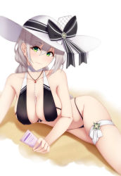 Rule 34 | 1girl, absurdres, aquila (a sip of sardegnian elegance) (azur lane), aquila (azur lane), azur lane, bikini, black ribbon, braid, breasts, center opening, choker, feet out of frame, green eyes, grey hair, hair between eyes, hat, highleg, highleg bikini, highres, large breasts, long hair, looking at viewer, nya cot, official alternate costume, ribbon, sand, simple background, single braid, skindentation, solo, sun hat, swimsuit, thigh strap, thighs, white background, white choker, white hat