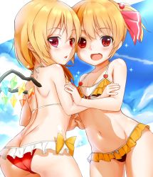Rule 34 | 2girls, ass, bare arms, bikini, black bikini, blonde hair, blue sky, breasts, butt crack, chiroshiron, cloud, cloudy sky, day, flandre scarlet, frilled bikini, frills, groin, hair ribbon, highres, looking at viewer, multiple girls, navel, open mouth, outdoors, red bikini, red eyes, red ribbon, ribbon, rumia, sky, small breasts, smile, stomach, swimsuit, touhou, wings