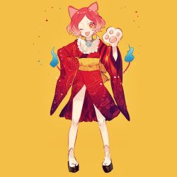 Rule 34 | 10s, 1girl, ;d, animal ears, animal hands, bad id, bad pixiv id, cat ears, cat paws, flame-tipped tail, full body, japanese clothes, jibanyan, kimono, looking at viewer, lunchicken, multiple tails, notched ear, one eye closed, open mouth, personification, red eyes, short hair, simple background, smile, solo, tail, two tails, yellow background, yellow eyes, youkai watch