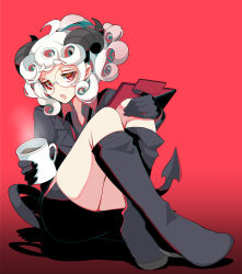 Rule 34 | 1girl, black gloves, black horns, black jacket, boots, business suit, clipboard, coffee, collared shirt, cup, curly hair, demon girl, demon horns, demon tail, formal, geb3d1liqqoqlxn, glasses, gloves, helltaker, highres, holding, holding cup, holding notepad, horns, jacket, knee boots, long sleeves, mug, notepad, open mouth, pandemonica (helltaker), red eyes, red shirt, shirt, short hair, sitting, solo, steam, suit, tail, thighs, white hair, zeni (mxyz7532)