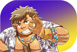 Rule 34 | 1boy, arm hair, bara, bare pectorals, blush, bracelet, character request, chest hair, coin, dark-skinned male, dark skin, ei (marutendon), fat, fat man, gold coin, grin, hairy, hawaiian shirt, head tilt, jewelry, looking at viewer, male focus, multiple rings, muscular, muscular male, necklace, nipples, open clothes, open shirt, pectorals, pointy ears, ring, shirt, short hair, sideburns, smile, solo, thick eyebrows, tokyo houkago summoners, upper body