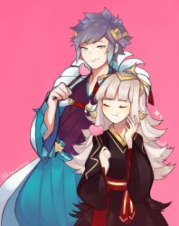Rule 34 | 1boy, 1girl, absurdres, blue eyes, blush, closed eyes, collarbone, commentary, cotton candy, crown, eating, fire emblem, fire emblem heroes, food, food in face, food in mouth, food on face, gradient hair, grey hair, hair ornament, highres, holding, holding food, hrid (fire emblem), japanese clothes, kimono, long hair, looking at another, memeh, multicolored hair, new year, nintendo, pink background, short hair, simple background, spiked hair, twitter username, veronica (fire emblem), white hair, yukata