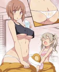 Rule 34 | 2girls, :o, ass, bandages, black sports bra, boko (girls und panzer), boko (girls und panzer) (cosplay), bottle, bow, bra, breasts, brown eyes, brown hair, close-up, commentary request, cosplay, costume, covered erect nipples, closed eyes, girls und panzer, hair bow, hair ribbon, highres, holding, holding bottle, indoors, inset, large breasts, multiple girls, nakamura yukitoshi, navel, nishizumi miho, open mouth, panties, pink bra, ribbon, shimada arisu, sigh, small breasts, sports bra, sweat, twintails, underboob, underwear, undressing, water bottle, wet, wet clothes, wet panties, white panties