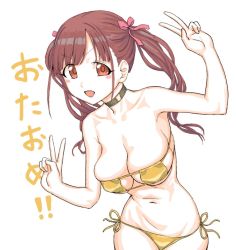 Rule 34 | 1girl, :d, bare arms, bare shoulders, bikini, black choker, bow, breasts, brown hair, choker, cleavage, copyright request, cowboy shot, double v, gishu, hair bow, idolmaster, idolmaster shiny colors, large breasts, looking at viewer, navel, open mouth, pink bow, red eyes, side-tie bikini bottom, simple background, skindentation, smile, solo, sonoda chiyoko, swimsuit, twintails, v, white background, yellow bikini