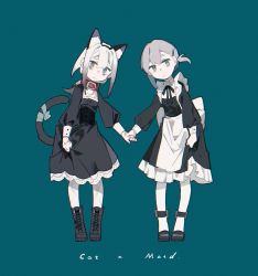 Rule 34 | 2girls, @ @, animal ear fluff, animal ears, back bow, black dress, black footwear, black ribbon, blue background, blue eyes, boots, bow, cat ears, cat tail, closed mouth, collar, dress, english text, film grain, gradient hair, green bow, green eyes, grey hair, hair between eyes, holding hands, large bow, long hair, maid, multicolored hair, multiple girls, original, pantyhose, pony (animal), puffy sleeves, red collar, ribbon, scar, scar on chest, scar on hand, scar on leg, short hair, side ponytail, simple background, standing, tail, tail bow, tail ornament, white bow, white hair, white pantyhose, yuhong