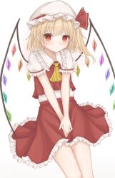 Rule 34 | 1girl, ascot, bare legs, blonde hair, blush, crystal, flandre scarlet, flat chest, gaden19, hat, highres, light smile, looking at viewer, mob cap, one side up, puffy short sleeves, puffy sleeves, red eyes, red skirt, red vest, short hair, short sleeves, simple background, skirt, skirt set, solo, touhou, v arms, vest, white background, wings, yellow ascot