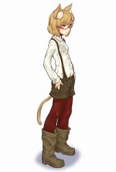 Rule 34 | 1girl, animal ears, bad id, bad pixiv id, blonde hair, boots, cat ears, cat tail, full body, glasses, hair ornament, hands in pockets, kasai jushi, orange eyes, original, pantyhose, red pantyhose, semi-rimless eyewear, shirt, shorts, simple background, solo, standing, suspenders, tail, under-rim eyewear, white background