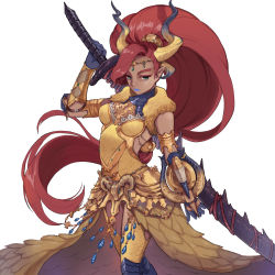 Rule 34 | 1girl, absurdres, armor, armored dress, backless outfit, blue lips, bracer, breastplate, breasts, buckler, circlet, commentary request, cosplay, cross, crossover, dark-skinned female, dark skin, dragon horns, dress, elbow pads, eyeshadow, feather boa, forehead jewel, gem, gerudo, gold trim, gorget, greaves, green eyes, hair over one eye, hair pulled back, high ponytail, highres, hijiri haku osame, horns, huge weapon, kulve taroth (armor), lipstick, long dress, long hair, makeup, medium breasts, monster hunter, monster hunter: world, monster hunter (series), nintendo, nose, over shoulder, pointy ears, red hair, scale armor, shield, solo, sword, sword over shoulder, the legend of zelda, the legend of zelda: breath of the wild, thick eyebrows, thighhighs, urbosa, very long hair, weapon, weapon over shoulder