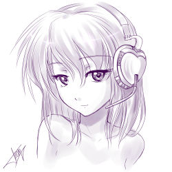 Rule 34 | 1girl, atomix, female focus, headset, monochrome, solo, tagme, upper body, white background