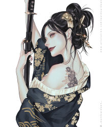 Rule 34 | 1girl, black hair, check copyright, closed mouth, copyright request, hair ornament, hairclip, highres, holding, holding sword, holding weapon, japanese clothes, long hair, looking at viewer, off shoulder, original, red lips, sheath, shoulder tattoo, simple background, single bare shoulder, solo, sword, tattoo, twitter username, wandzardeen, watermark, weapon, web address, wide sleeves