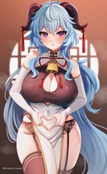Rule 34 | 1girl, alternate costume, bell, blue hair, breasts, bridal gauntlets, brown thighhighs, china dress, chinese clothes, cleavage, cleavage cutout, clothing cutout, covered navel, cowboy shot, curled horns, dress, ganyu (genshin impact), garter belt, genshin impact, horns, large breasts, long hair, looking at viewer, marota, neck bell, pelvic curtain, purple eyes, solo, tassel, thighhighs, thighs, very long hair