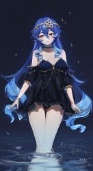 Rule 34 | 1girl, absurdres, alternate costume, arms at sides, artist name, bangle, bare shoulders, black dress, black nails, black panties, blue background, blue hair, blush, bracelet, breasts, bright pupils, choker, circlet, cleavage, dress, drill hair, english text, feint721, frilled dress, frills, genshin impact, hair between eyes, highres, jewelry, layla (genshin impact), long hair, medium breasts, neck ring, night, night sky, no hood, off-shoulder dress, off shoulder, panties, pantyshot, pointy ears, reflection, reflective water, ringlets, ripples, short dress, short sleeves, sky, sparkle background, star (sky), thighs, twin drills, twintails, underwear, very long hair, wading, water, white pupils, yellow eyes