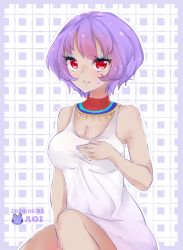 Rule 34 | 1girl, animal crossing, aoi (pixiv2498037), artist name, blush, breasts, cleavage, dark skin, dark-skinned female, dated, diva (animal crossing), dress, facial tattoo, frog, heart, highres, jewelry, makeup, necklace, nintendo, personification, purple hair, red eyes, short hair, sitting, solo, tattoo