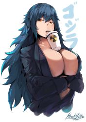 Rule 34 | 10s, 1girl, 2019, artist name, black gloves, blue hair, breast hold, breasts, bubble tea challenge, character name, cleavage, cropped torso, crossed arms, drink, drinking, drinking straw, drooling, fang, female focus, gloves, godzilla, godzilla: king of the monsters, godzilla (monsterverse), godzilla (series), highres, hiroki ree, large breasts, long hair, looking at viewer, monsterverse, no bra, object on breast, open clothes, orange eyes, personification, radiation symbol, signature, simple background, translated, upper body, white background