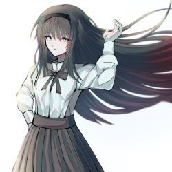 Rule 34 | 1girl, banbon (banbon x), black hair, black hairband, black skirt, blouse, blue eyes, closed mouth, hairband, hand on own hip, highres, long hair, long sleeves, looking at viewer, open mouth, shirt, simple background, skirt, solo, tohno akiha, tsukihime, white background, white shirt