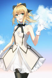 Rule 34 | 1girl, :d, absurdres, ahoge, artoria pendragon (all), artoria pendragon (fate), black bow, black pantyhose, black ribbon, blonde hair, blue sky, bow, breasts, cleavage, cloud, cowboy shot, detached collar, fate/unlimited codes, fate (series), floating hair, green eyes, hair between eyes, hair bow, high ponytail, highres, long hair, looking at viewer, miniskirt, missholmes, neck ribbon, open mouth, pantyhose, ribbon, saber lily, skirt, sky, small breasts, smile, solo, standing, white skirt