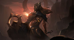 Rule 34 | 1girl, absurdres, armor, brown hair, from behind, full armor, gauntlets, helm, helmet, highres, holding, holding shield, holding weapon, knight, league of legends, leona (league of legends), long hair, pauldrons, planted, shield, shoulder armor, solo, standing, sunset, vincent t (oriaarts), weapon