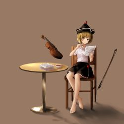 Rule 34 | 1girl, absurdres, adapted costume, arm up, barefoot, black skirt, blonde hair, bow (music), breasts, brown background, chair, crescent moon symbol, cup, floating, frown, hat, highres, inoshin (inixia1748), instrument, crossed legs, levitation, looking at viewer, lunasa prismriver, paper stack, pen, shadow, sheet music, shirt, short hair, short sleeves, simple background, sitting, skirt, small breasts, solo, table, teacup, touhou, violin, white shirt, yellow eyes