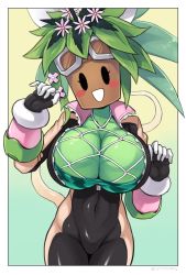 Rule 34 | 1girl, absurdres, blaster master zero, blaster master zero 2, blush stickers, bodysuit, breasts, bursting breasts, flower, flower on head, green hair, highres, huge breasts, kanna (blaster master zero), monster girl, open mouth, oyatsu (mk2), plant girl, shiny clothes, smile, solid oval eyes, solo