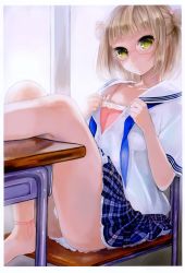 Rule 34 | 1girl, absurdres, ankle ribbon, barefoot, blouse, brown hair, camisole, desk, double bun, feet on chair, feet on table, glasses, green eyes, hair bun, highres, lace, lace-trimmed skirt, lace trim, leg ribbon, legs up, looking at viewer, open clothes, open shirt, original, pink-framed eyewear, pisuke, plaid, plaid skirt, pleated skirt, ribbon, school desk, school uniform, serafuku, shirt, short hair, skirt, solo, unbuttoned
