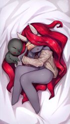 Rule 34 | 1girl, bed sheet, blindfold, bottomless, chibi, colored skin, commentary, demon girl, closed eyes, from above, full body, grey skin, highres, horns, incubus (the binding of isaac), lilith (the binding of isaac), long hair, lying, off shoulder, on side, oni horns, open mouth, red hair, sleeping, the binding of isaac, very long hair, yellowparrot