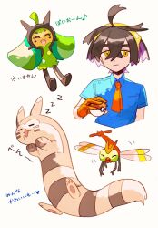 Rule 34 | 1boy, ahoge, blue shirt, brown hair, closed mouth, collared shirt, commentary request, creatures (company), crossed bangs, furret, game freak, gen 2 pokemon, gloves, hair between eyes, hairband, heart, highres, holding, holding poke ball, kieran (pokemon), male focus, musical note, necktie, nintendo, ogerpon, orange necktie, poke ball, poke ball (basic), pokemon, pokemon (creature), pokemon sv, potori3939, shirt, short hair, short sleeves, sleeping, translation request, yanma, yellow hairband, zzz