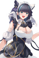 Rule 34 | 1girl, absurdres, animal ears, apron, azur lane, blue eyes, blue hair, breasts, cheshire (azur lane), cleavage, detached sleeves, dress, fake animal ears, fang, framed breasts, frilled hairband, frills, gold trim, hairband, highres, large breasts, long ribbon, looking at viewer, maid headdress, multicolored hair, open mouth, puffy detached sleeves, puffy sleeves, purple apron, purple hair, remapack77, simple background, solo, streaked hair, two-tone hair, upper body, white background, white dress, wrist cuffs