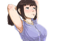 Rule 34 | 1girl, armpits, arms behind back, arms up, blush, bra, breasts, brown eyes, brown hair, buttons, collarbone, eyelashes, hair tie, hairband, highres, hot, in mouth, jewelry, looking away, medium breasts, necklace, original, ponytail, purple shirt, see-through, shirt, sidelocks, simple background, sleeveless, sweat, tying hair, underwear, upper body, ushio (tanatana), white background