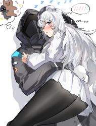 Rule 34 | 1girl, 1other, absurdres, animal ears, arknights, bear ears, black footwear, black pantyhose, blue hair, blush, coat, commentary request, doctor (arknights), dreaming, feet out of frame, hair between eyes, highres, horn/wood, hug, long hair, looking at viewer, lying, lying on person, multicolored hair, nail polish, open mouth, pantyhose, pink hair, pink nails, rosa (arknights), simple background, sleeping, spoken blush, streaked hair, stuffed animal, stuffed toy, teddy bear, thought bubble, translation request, white background, white coat, white hair, zzz
