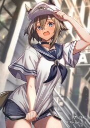 Rule 34 | 1girl, absurdres, adjusting clothes, adjusting headwear, alternate costume, animal ears, black choker, blue eyes, blue neckerchief, blurry, blurry background, blush, breasts, brown hair, cheval grand (umamusume), choker, collar, collarbone, commentary request, cowboy shot, ear covers, embarrassed, hair between eyes, hair ornament, hat, highres, horse ears, horse girl, horse tail, looking at viewer, medium breasts, neckerchief, open mouth, reon (dainagon azuki), sailor collar, sailor shirt, shirt, shorts, solo, tail, umamusume, white hair, white hat