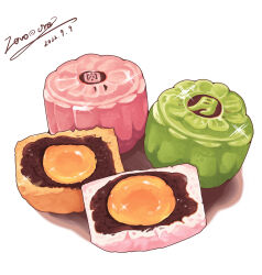 Rule 34 | commentary, dated, english commentary, food, food focus, glint, highres, mooncake, no humans, original, realistic, signature, simple background, still life, sweets, white background, zeroorez
