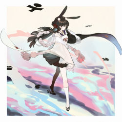 Rule 34 | 0x3, 1girl, animal ears, apron, black hair, black skirt, closed eyes, commentary request, copyright request, floral print, flower, full body, hair flower, hair ornament, long hair, long sleeves, multicolored background, outstretched arm, pleated skirt, rabbit ears, rope, sandals, shikigami, skirt, socks, solo, walking, white socks, wide sleeves, zouri